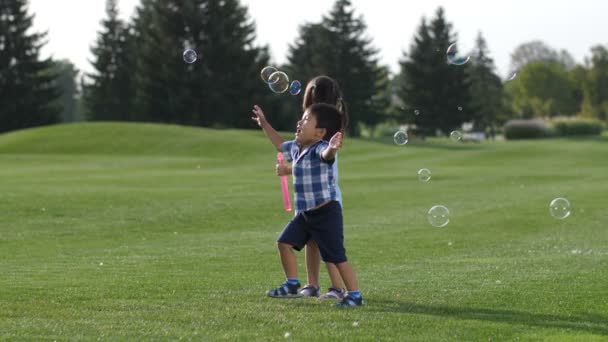 Excited asian siblings having fun with soap bubbles — Stock Video