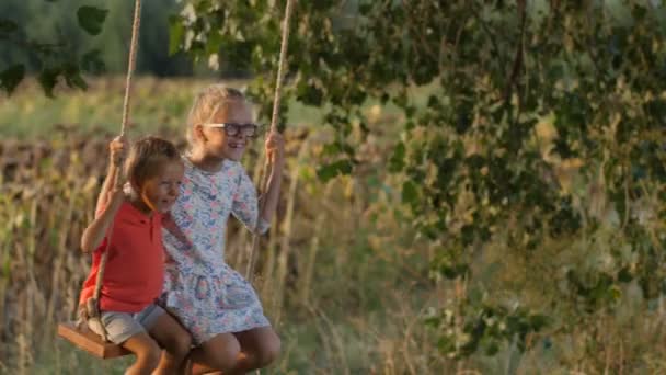 快乐的兄弟姐妹们在树下的绳索秋千上飞翔 — 图库视频影像