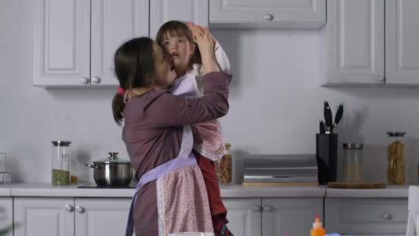 Joyful Smiling Mother Holding Her Adorable Preschool Daughter Syndrome Relaxing — Stock Video