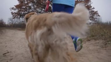 Sağlıklı genç kadın ile kırsal yolda çalışan köpek