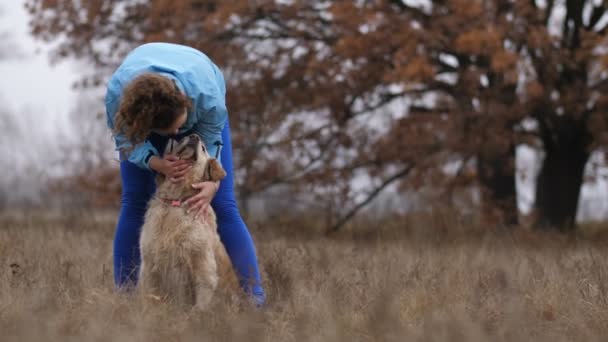 Freudige junge Hündin streichelt ihren schönen Hund im Freien — Stockvideo