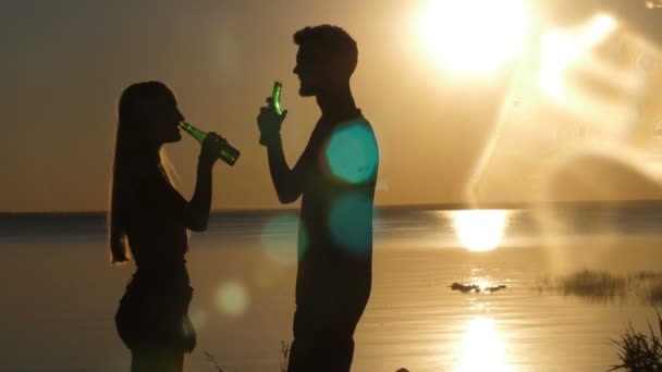 Silhouette di amici felici che bevono birra in spiaggia — Video Stock