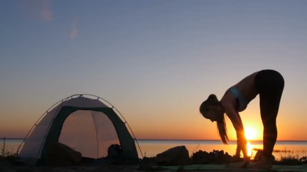 Kvinna i nedåtgående hund pose vid solnedgången medan camping — Stockvideo