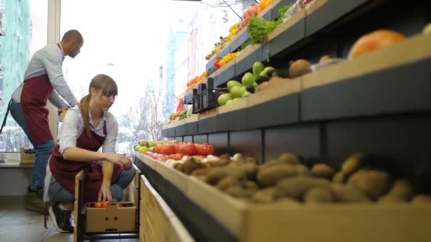 Proprietari di coppie di razza mista che lavorano al negozio di alimentari — Video Stock