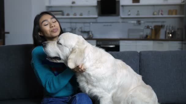 Улыбающаяся индианка ласкает собаку на диване — стоковое видео