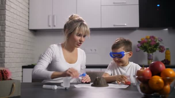 Mãe e filho preparando reagentes para a experiência — Vídeo de Stock