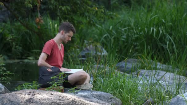 Mannelijke wandelaar werken op laptop pc in het wild — Stockvideo