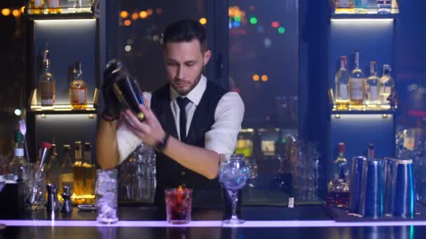 Barman mezcla ingredientes de cóctel utilizando agitador — Vídeo de stock