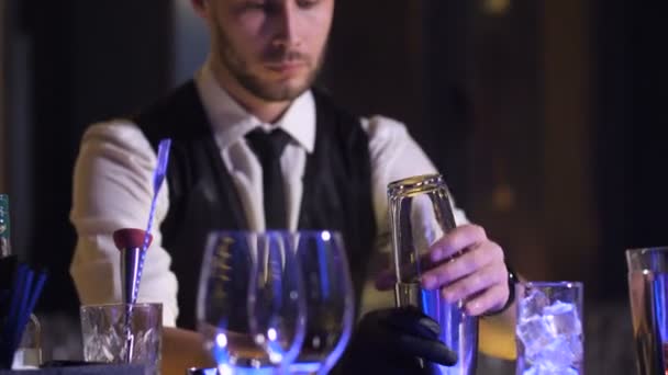 Elegante barman batiendo bebida alcohólica usando agitador — Vídeo de stock