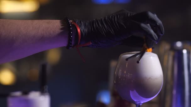 Бармен вручную украшает коктейль мятой, соломинкой — стоковое видео