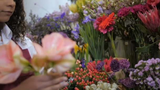 Θηλυκό ανθοπώλη χέρι κρατώντας επιλεγμένα φρέσκα λουλούδια — Αρχείο Βίντεο