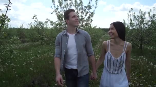 Couple romantique amoureux faisant une promenade dans le verger — Video