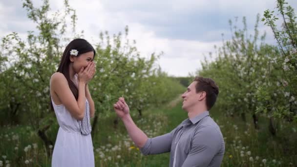 Heureuse femme acceptant la demande en mariage de l'homme — Video