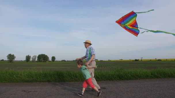 Avô com menino correndo com pipa no campo — Vídeo de Stock