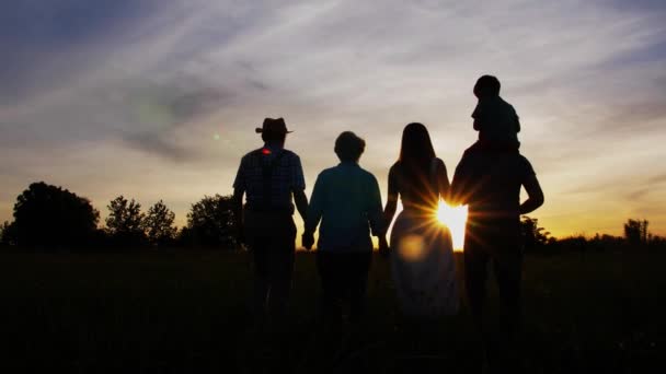 Tre generation familjen gå på ängen vid solnedgången — Stockvideo