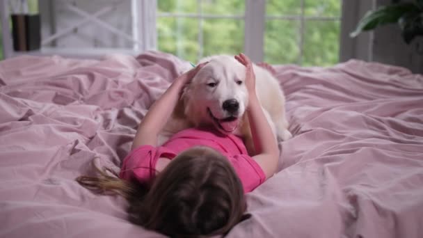 Niña acariciando a su cachorro en el dormitorio — Vídeos de Stock