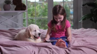 Sevimli çocuk yatakta köpek yavrusu ile video izlerken