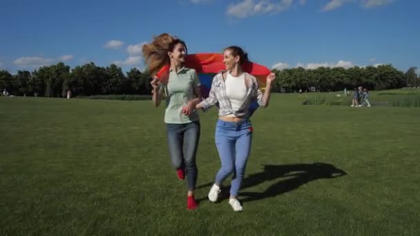 Lesbiennes heureuses avec drapeau arc-en-ciel courant dans le parc — Video