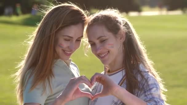 Portrait of smiling lesbians showing hand heart — Stock Video