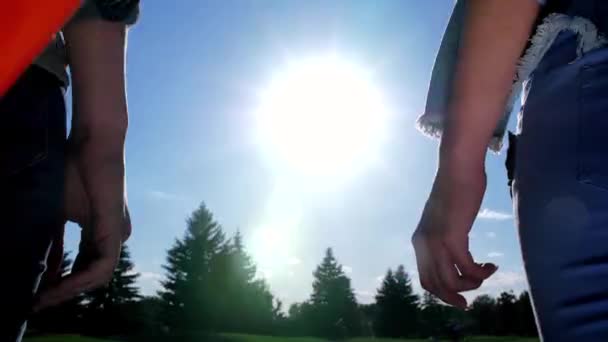 Lesbianas pareja uniendo las manos mirando brillante sol — Vídeos de Stock