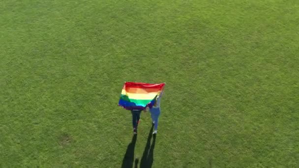 Tiro aéreo de casal lgbt andando com bandeira de orgulho — Vídeo de Stock