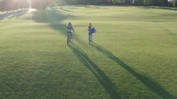 芝生を横切って自転車に乗ってゲイカップルの空中ショット — ストック動画