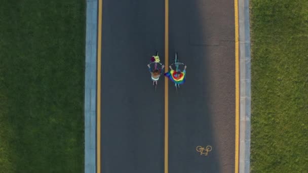 Drone disparo de pareja gay en bicicleta a lo largo de carril bici — Vídeo de stock