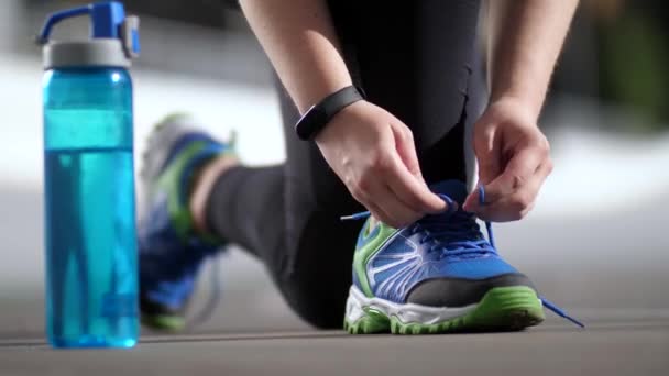 プラスサイズの女性ランナーの手は靴ひもを結ぶ — ストック動画