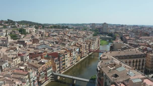 Aerial view of medieval quater on river Onyar — Stock Video