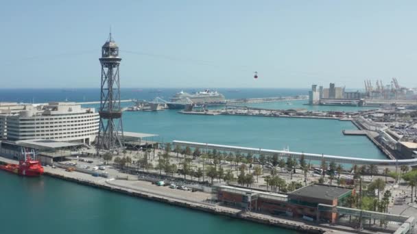 Drone shot of sea port in Barcelona with cable car — Stock Video