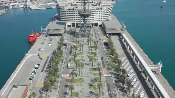 Drone shot of cable car station in Barcelona port — Stock Video