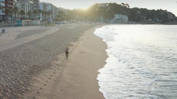 Drone vista de mujer deportiva corriendo a lo largo de la playa — Vídeos de Stock