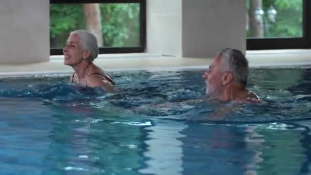 Joyful aging couple swimming in hotel pool indoors — Stock Video