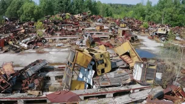 Drone view of radioactive scrap metal in Chernobyl — Stock Video