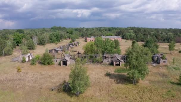 Drone-vlucht over ruïnes van boerderijen in de Chernobyl-zone — Stockvideo