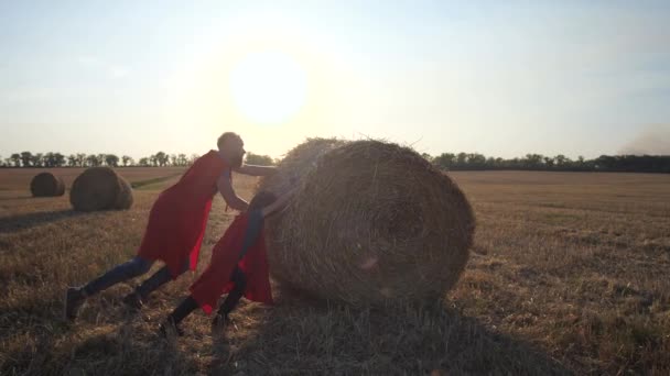Baba ve oğlu güçlü kahramanlar saman yığını haddeleme olarak — Stok video