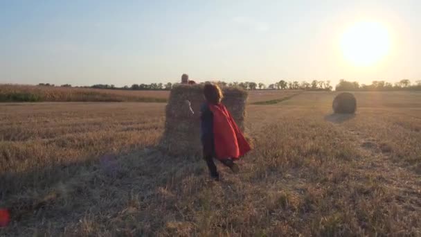 Dad and son in superhero costumes playing on field — Stock Video