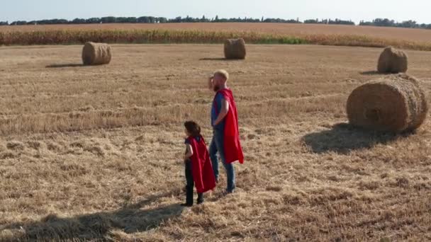 Drone vista de papá con hijo superheroe poses — Vídeo de stock