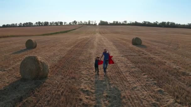 Drone shot van vader en zoon rennen over veld — Stockvideo