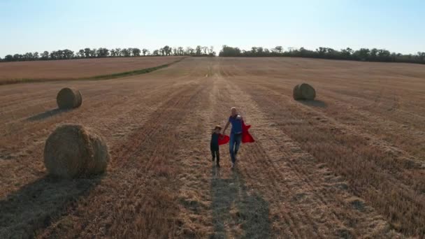 Drone disparo de padre e hijo corriendo a través del campo — Vídeo de stock