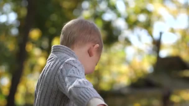 Porträtt av söt blyg pojke ler mot kameran utomhus — Stockvideo