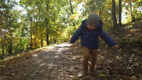 Портрет веселого мальчика, бегущего в парке — стоковое видео