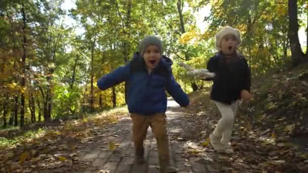 Joyeux frères et sœurs qui courent le long du sentier du parc pendant le jeu — Video