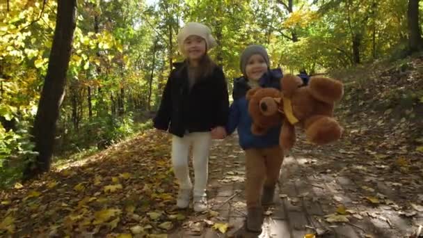 Aranyos mosolygó testvérek sétálnak kéz a kézben a szabadban — Stock videók