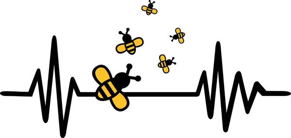 Bicie Serca Linia Pulse Żółtą Pszczołę Rój — Wektor stockowy