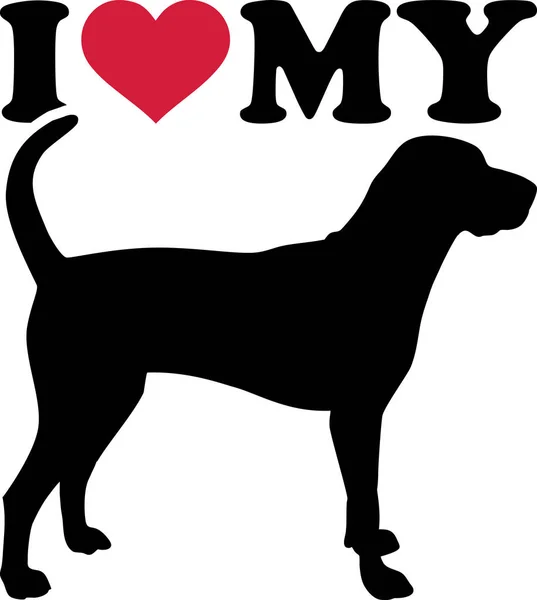 Amo Meu Coonhound Inglês Americano Com Coração Vermelho Silhueta — Vetor de Stock