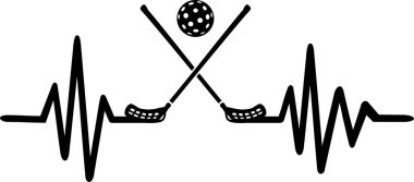 Kalp atışı darbe satırıyla iki çapraz floorball sopa, bir top ve Almanca sözcük