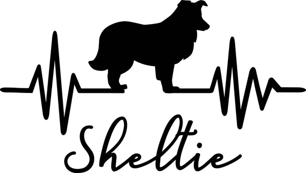 Battito Cardiaco Linea Con Shetland Sheepdog Sheltie Silhouette — Vettoriale Stock