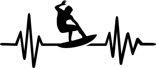 Battito Cardiaco Linea Con Surfista Sulle Onde — Vettoriale Stock