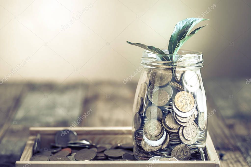 A jar with different coins and green growth growing from above, stand on a wooden background, the concept of growth and saving money